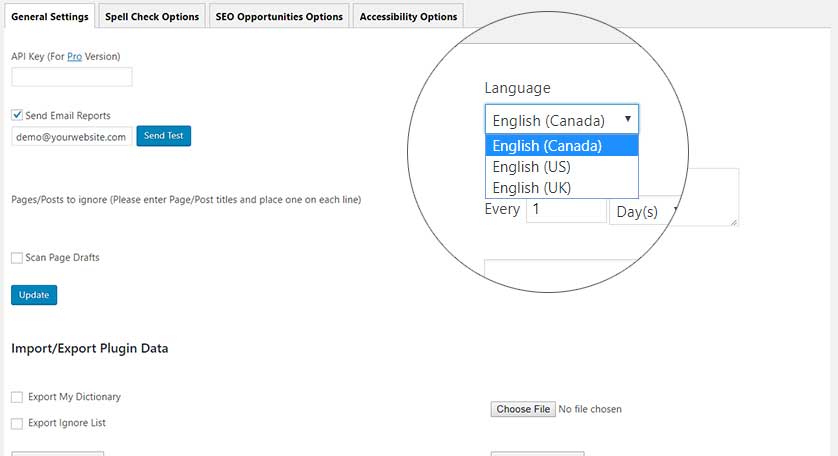 wordpress spell check plugin offers Canadian, USA and UK English 